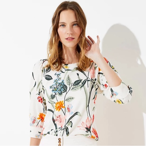 LOFT Floral Puff Shoulder Balloon Sleeves Top S / XS - Picture 2 of 11